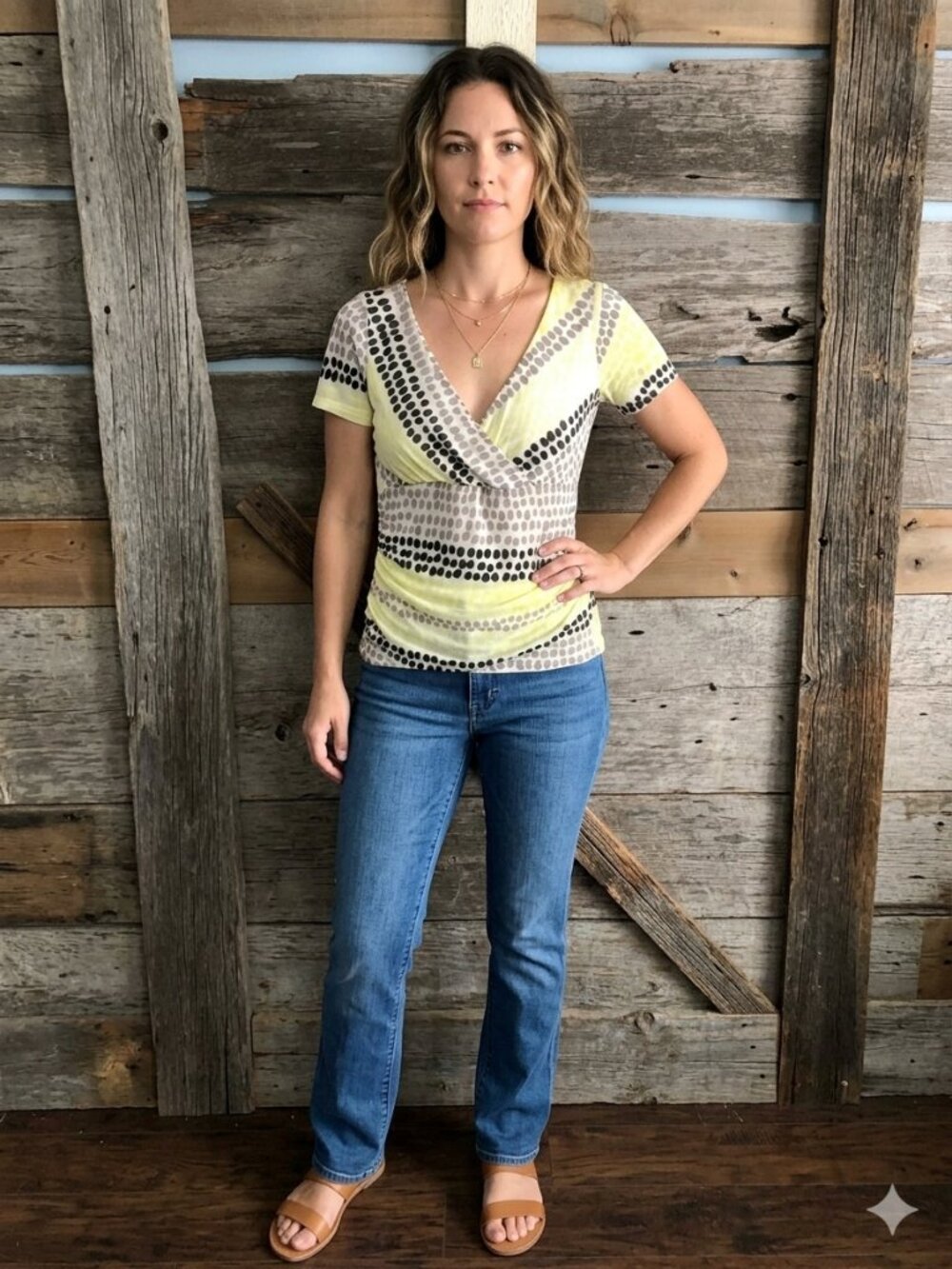 RICKI'S Size Med Yellow/Black/Grey Front Crossover Blouse